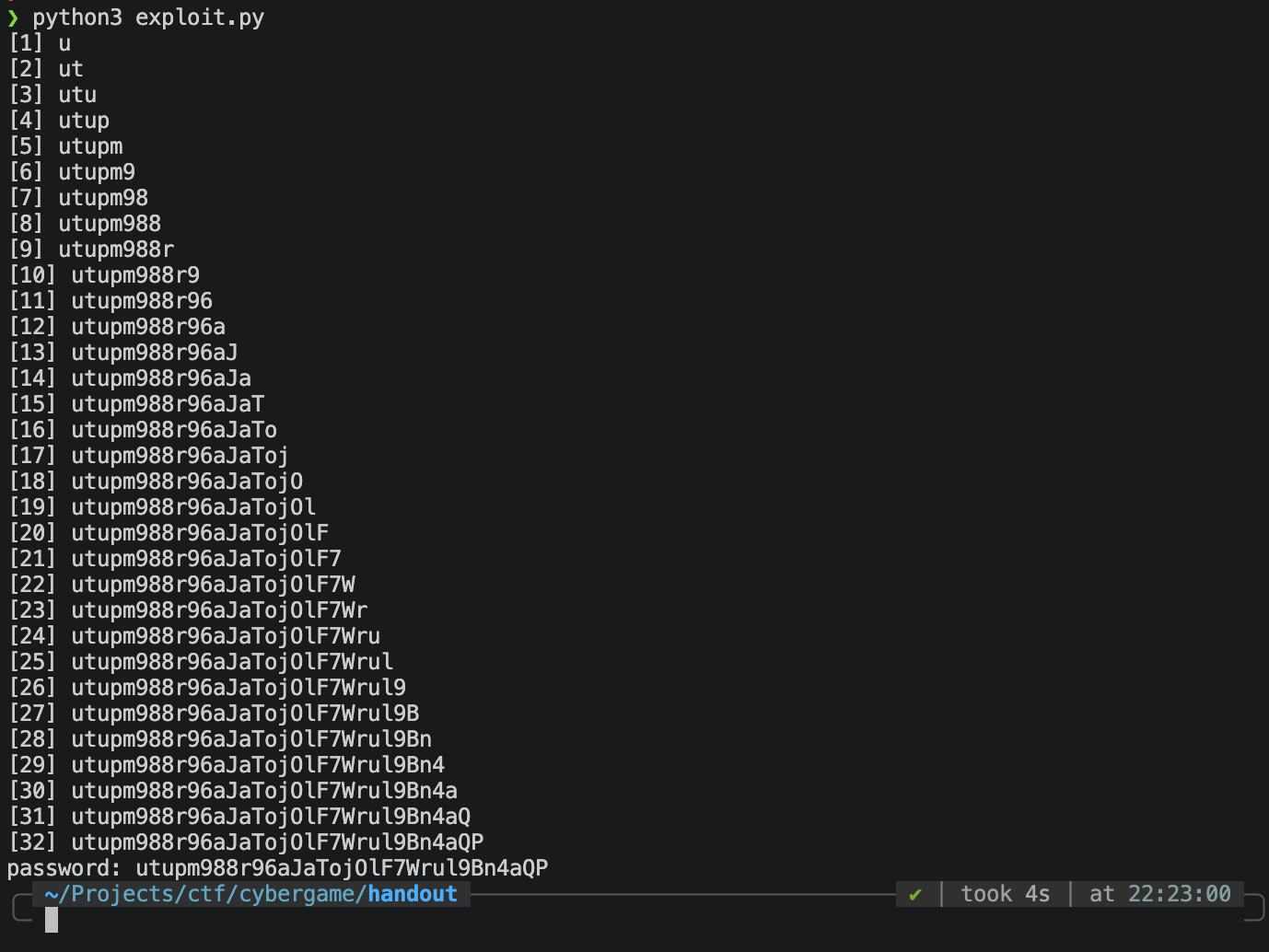 Exploit running and extracting the password character by character