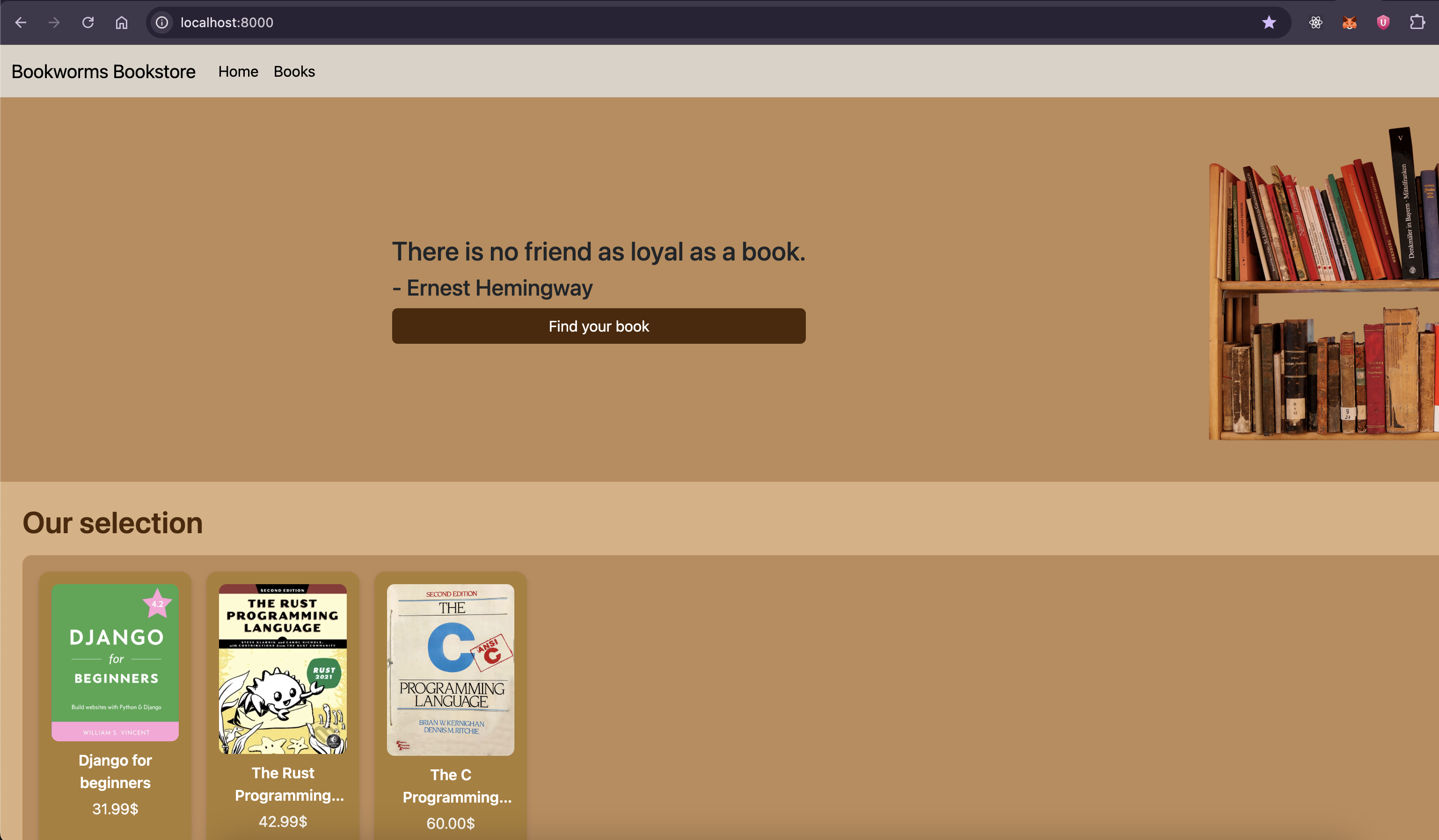 Homepage showing the bookstore